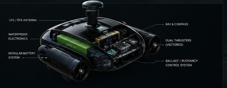 Engineering cutaway of MANTA showing GPS and RTK antenna, IMU and compass, modular battery system, ballast and buoyancy control, and dual vectored thrusters