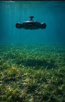 MANTA holding position at the surface above an untouched seagrass bed
