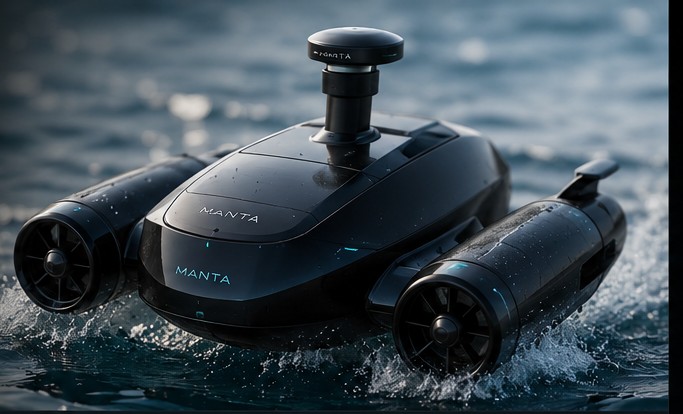 MANTA autonomous marine robot riding on dark open water, dual thrusters visible
