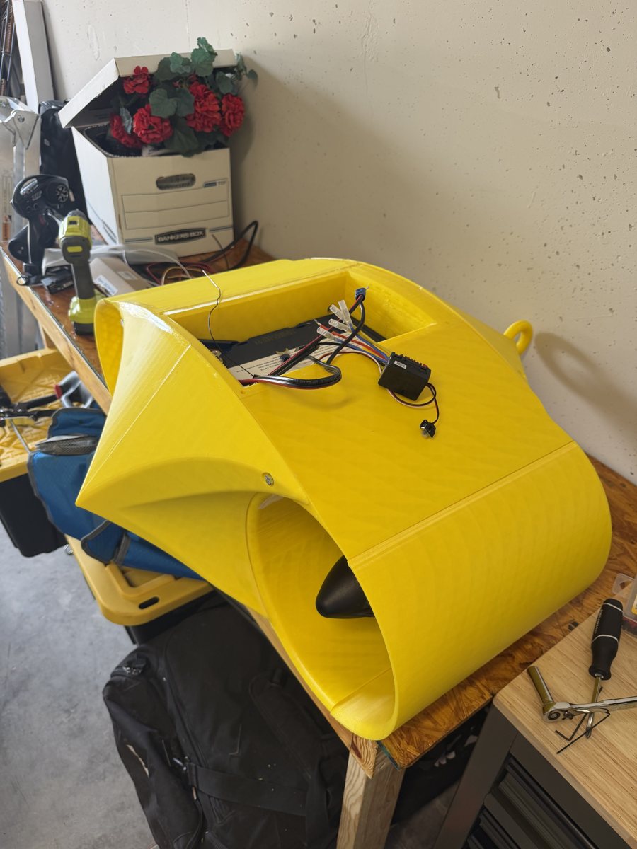 First MANTA prototype hull on the workbench with electronics mounted